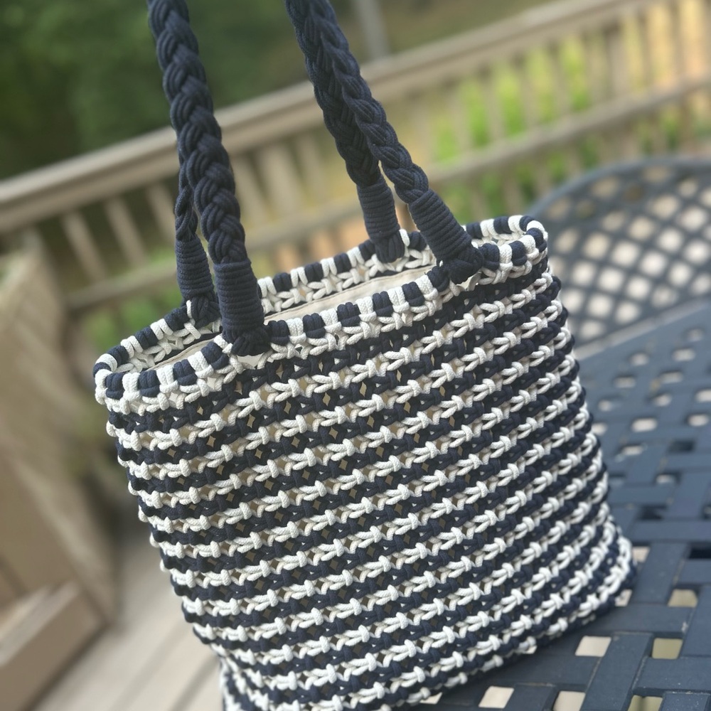 Talbots Knotted Cord Stylish Navy and White Woven Tote Bag